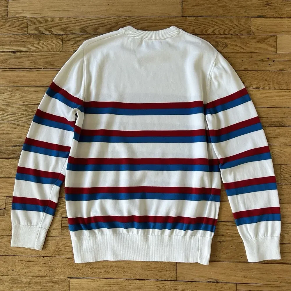 Lacoste AH6788 Made in France Striped Organic Cotton Sweater M White Red Blue